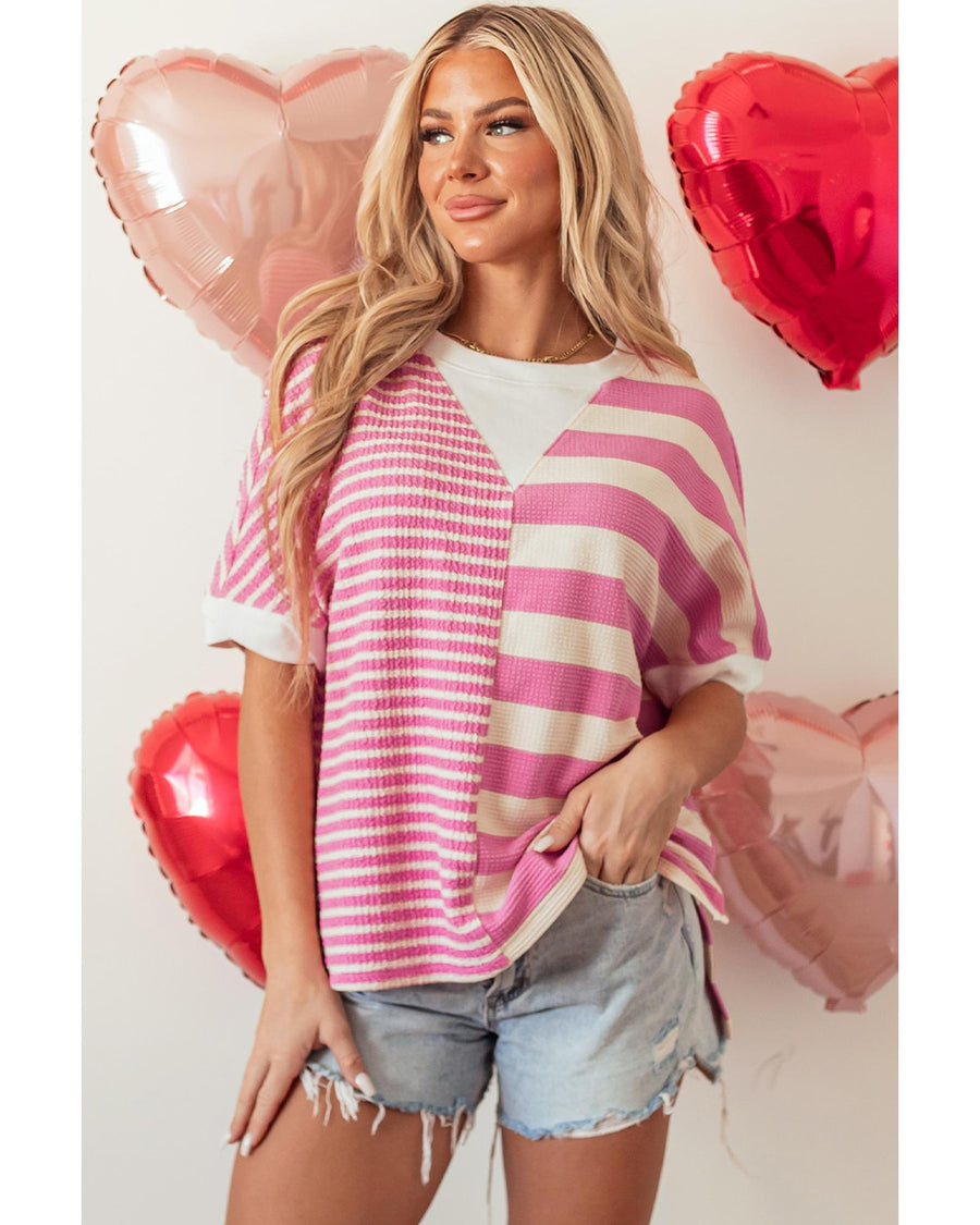 Pink Stripe Patchwork Textured Short Sleeve High Low Loose Top - XL