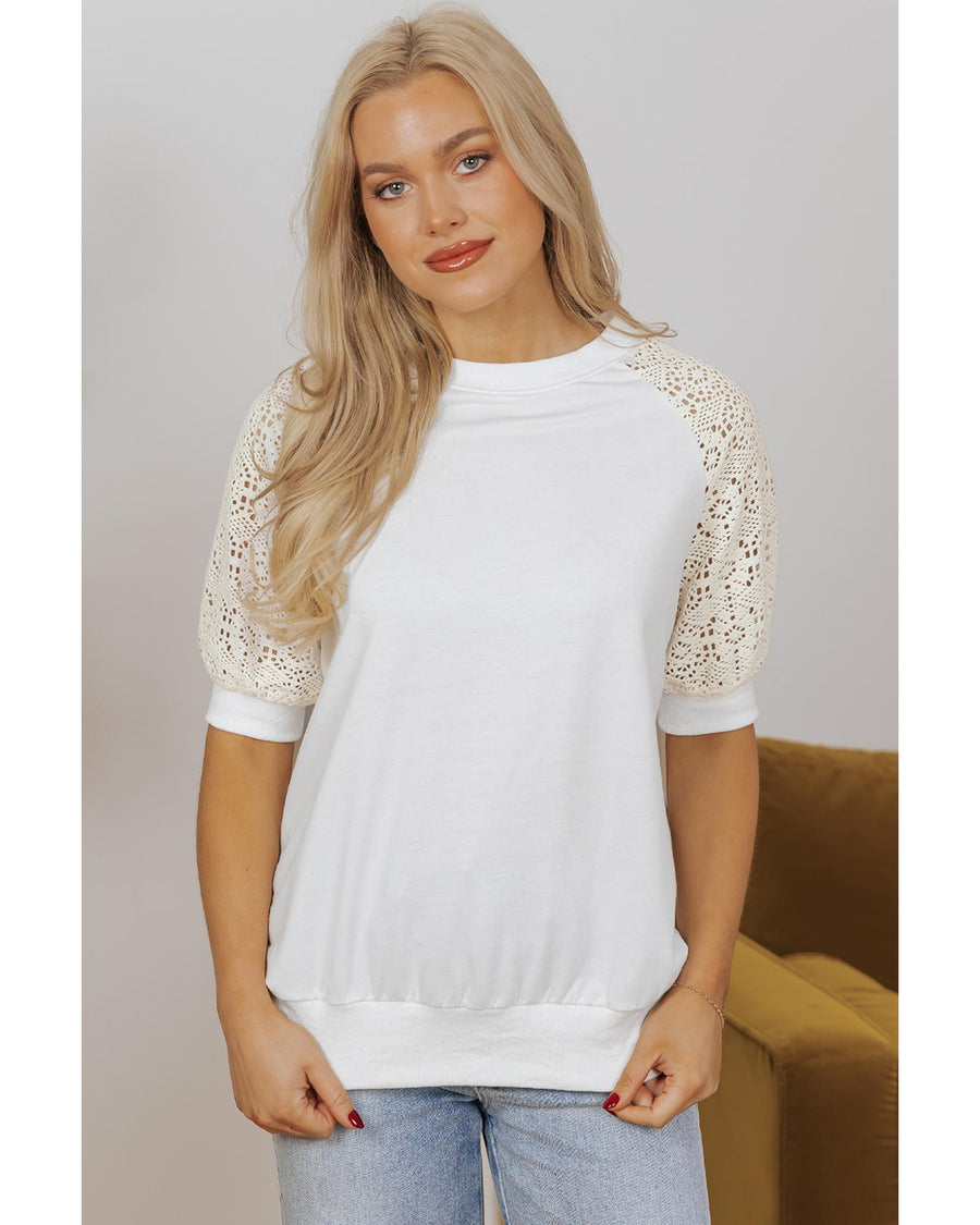 White Lace Crochet Short Sleeve Round Neck T Shirt - S