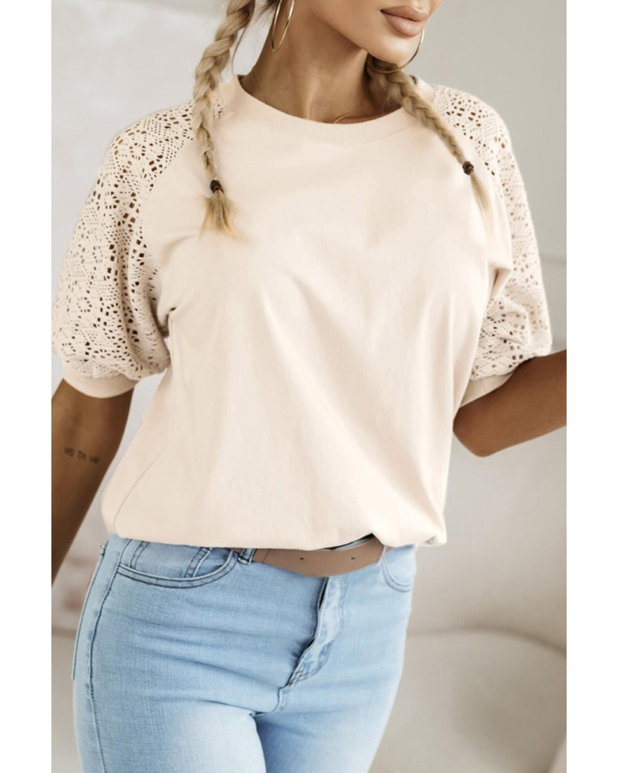 Jet Stream Lace Crochet Short Sleeve Round Neck T Shirt - S