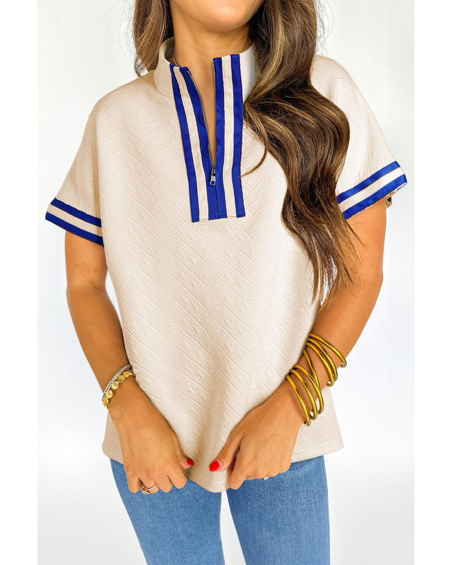 Beige Preppy Striped Trim Textured Quarter Zipper Colorblock Short Sleeve Top - L
