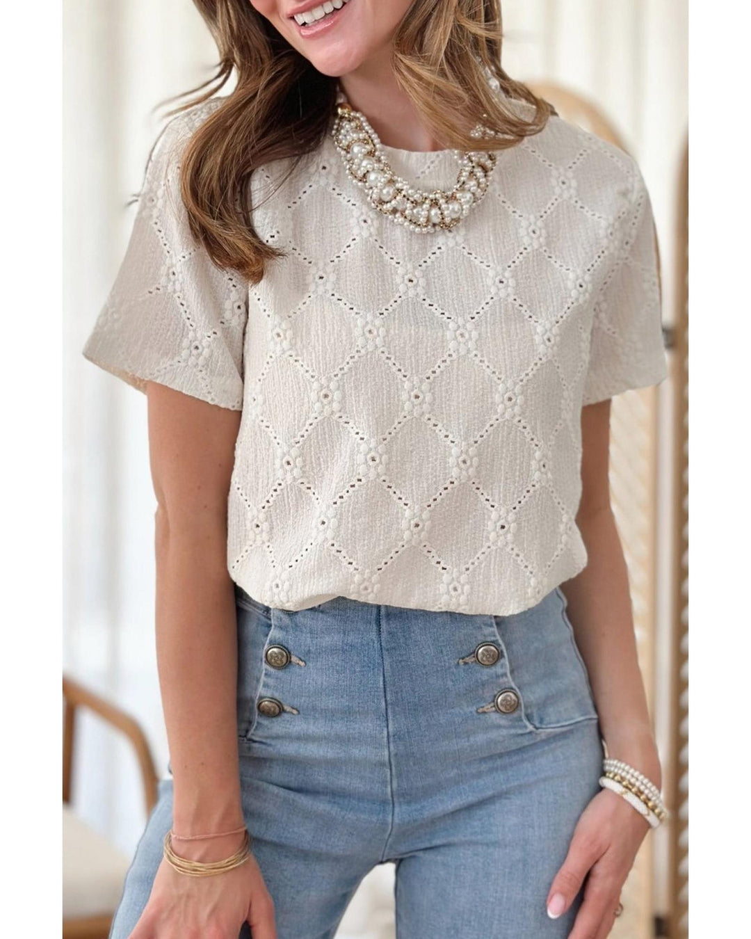 White Geometric Embroidered Slim Fit O Neck T Shirt - S
