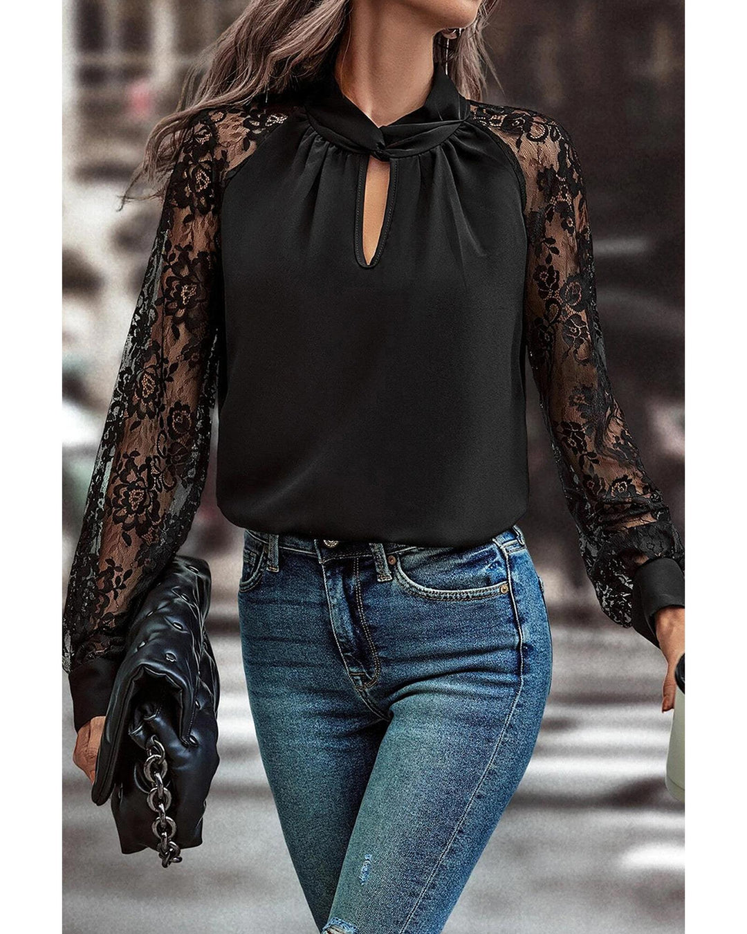 Black Keyhole Neckline Floral Lace Raglan Sleeve Blouse - XL