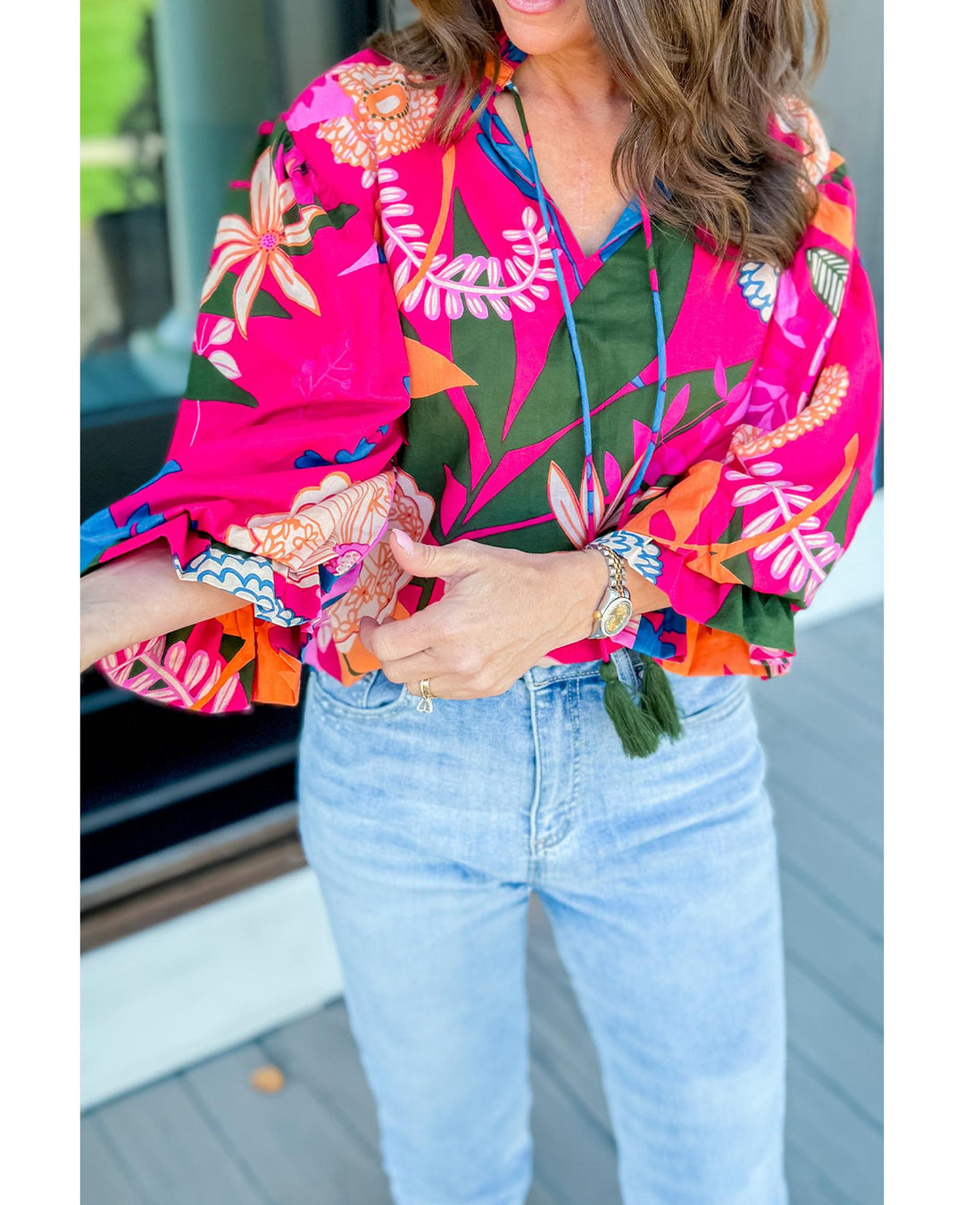 Rose Blooming Flower Print Ruffled Puff Sleeve Blouse - M