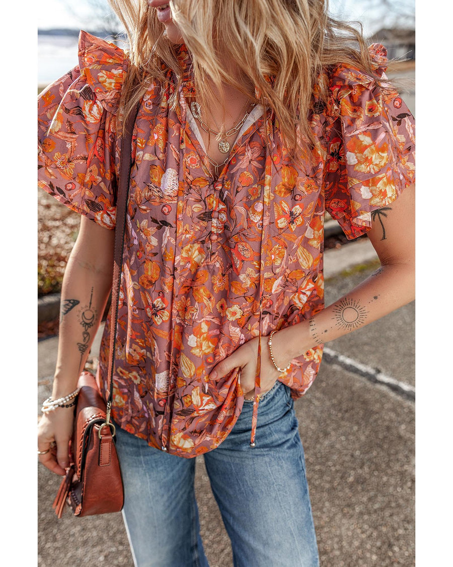 Orange Floral Print Ruffled Flutter Sleeve Frilled V Neck Blouse - XL