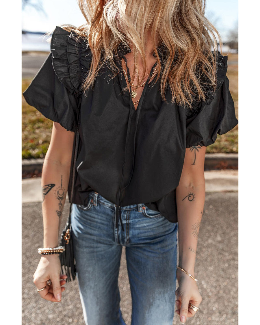 Black Ruffled Puff Short Sleeve Loose Blouse - M