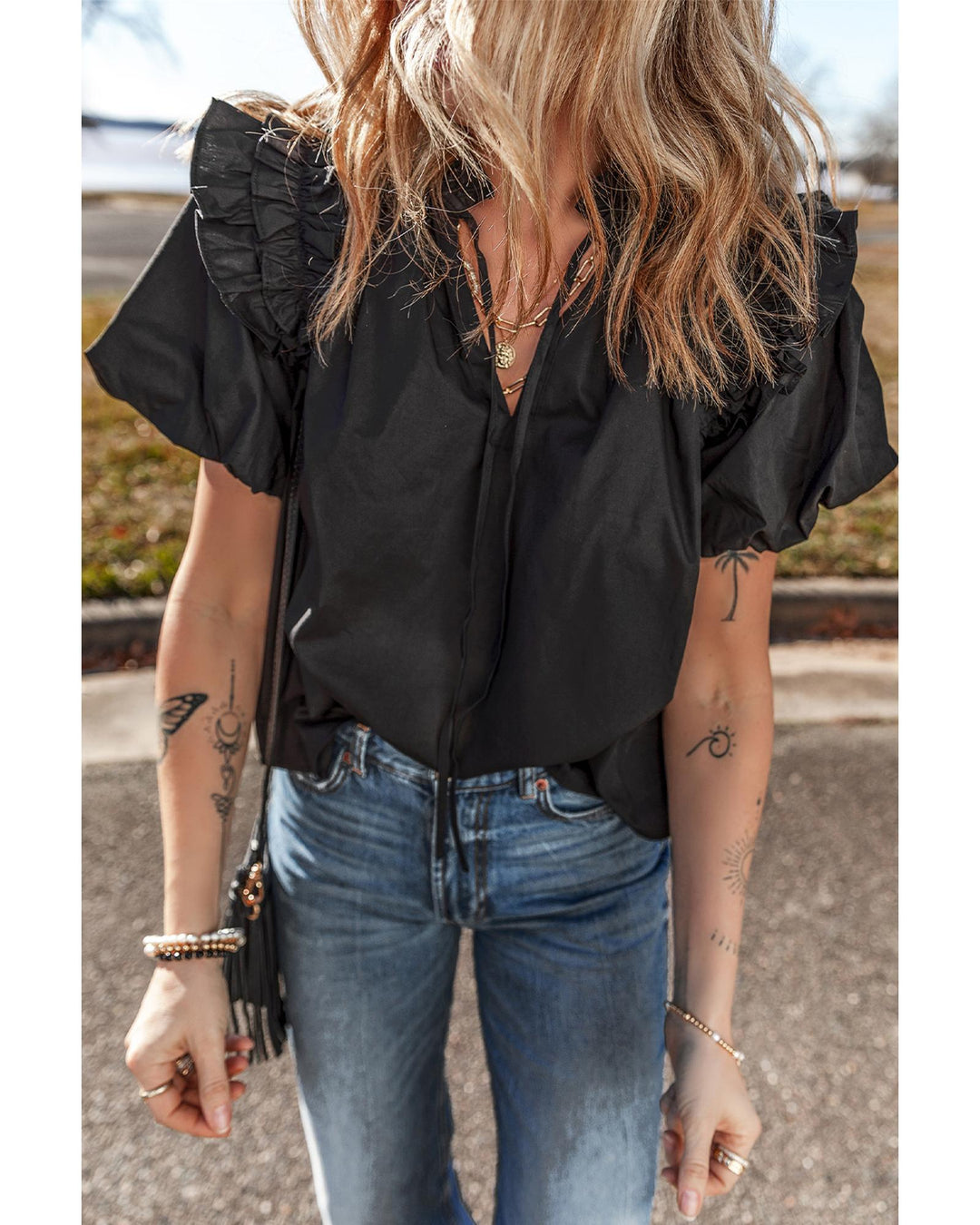 Black Ruffled Puff Short Sleeve Loose Blouse - XL