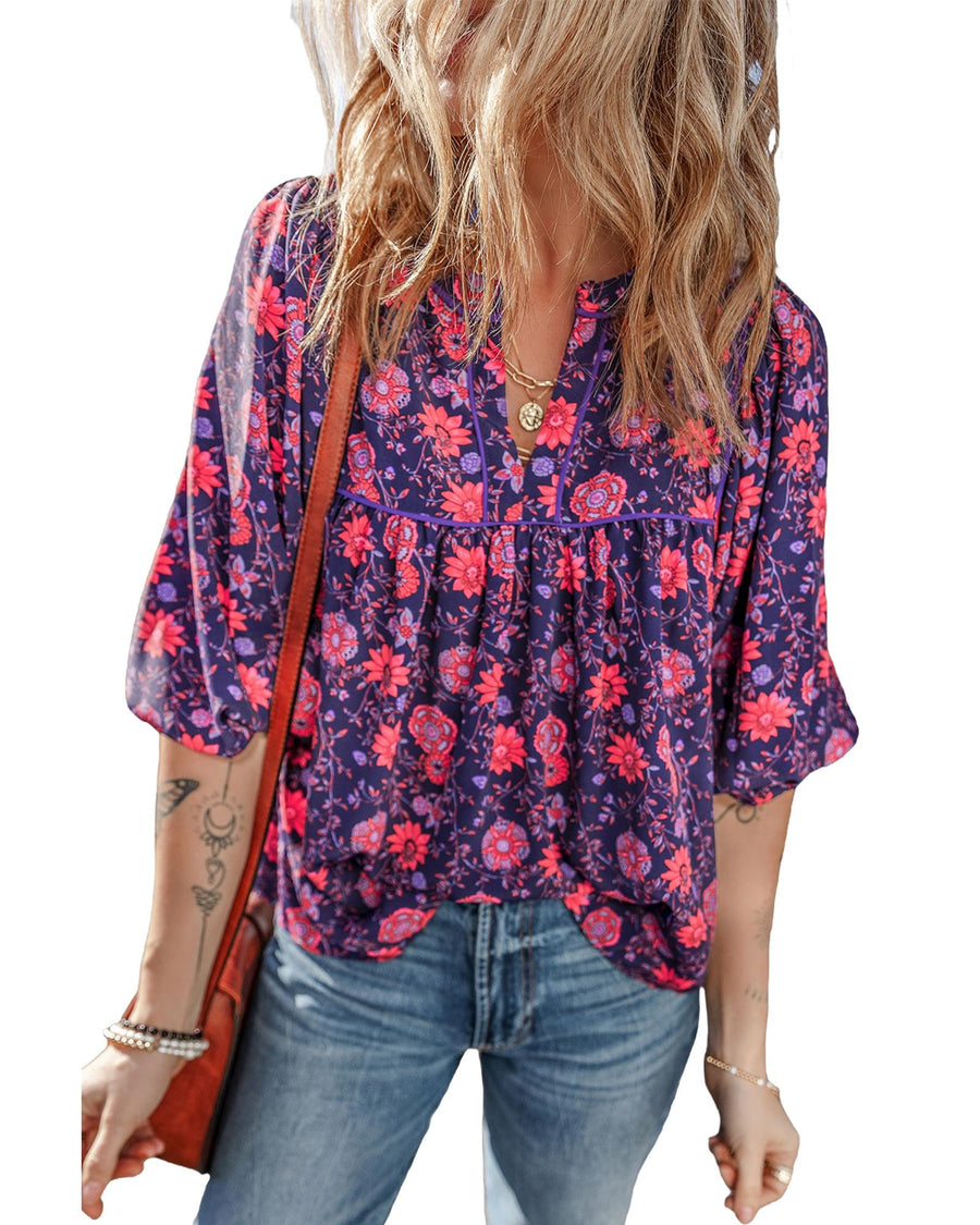 Purple Floral Half Sleeve Split Neck Blouse Top - XL