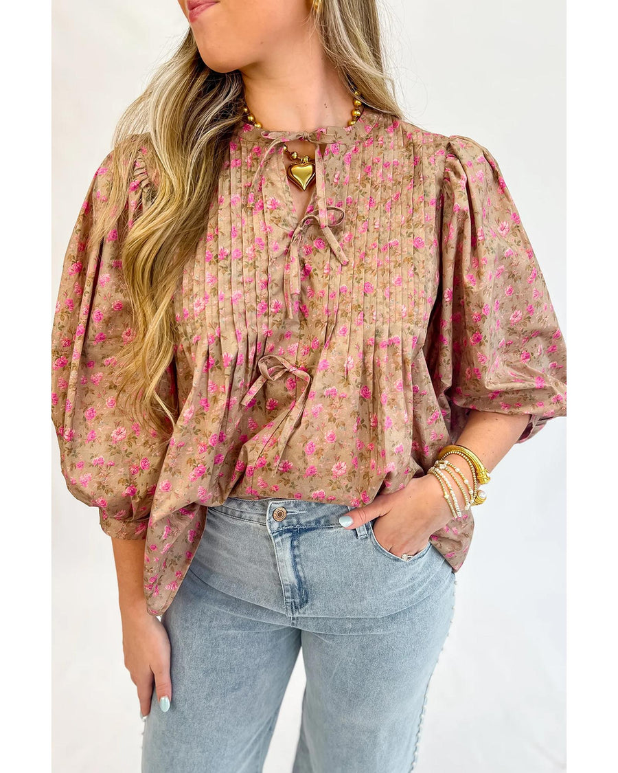 Light French Beige Floral Print Bow Pintuck Bust Half Puff Sleeve Blouse Top - M