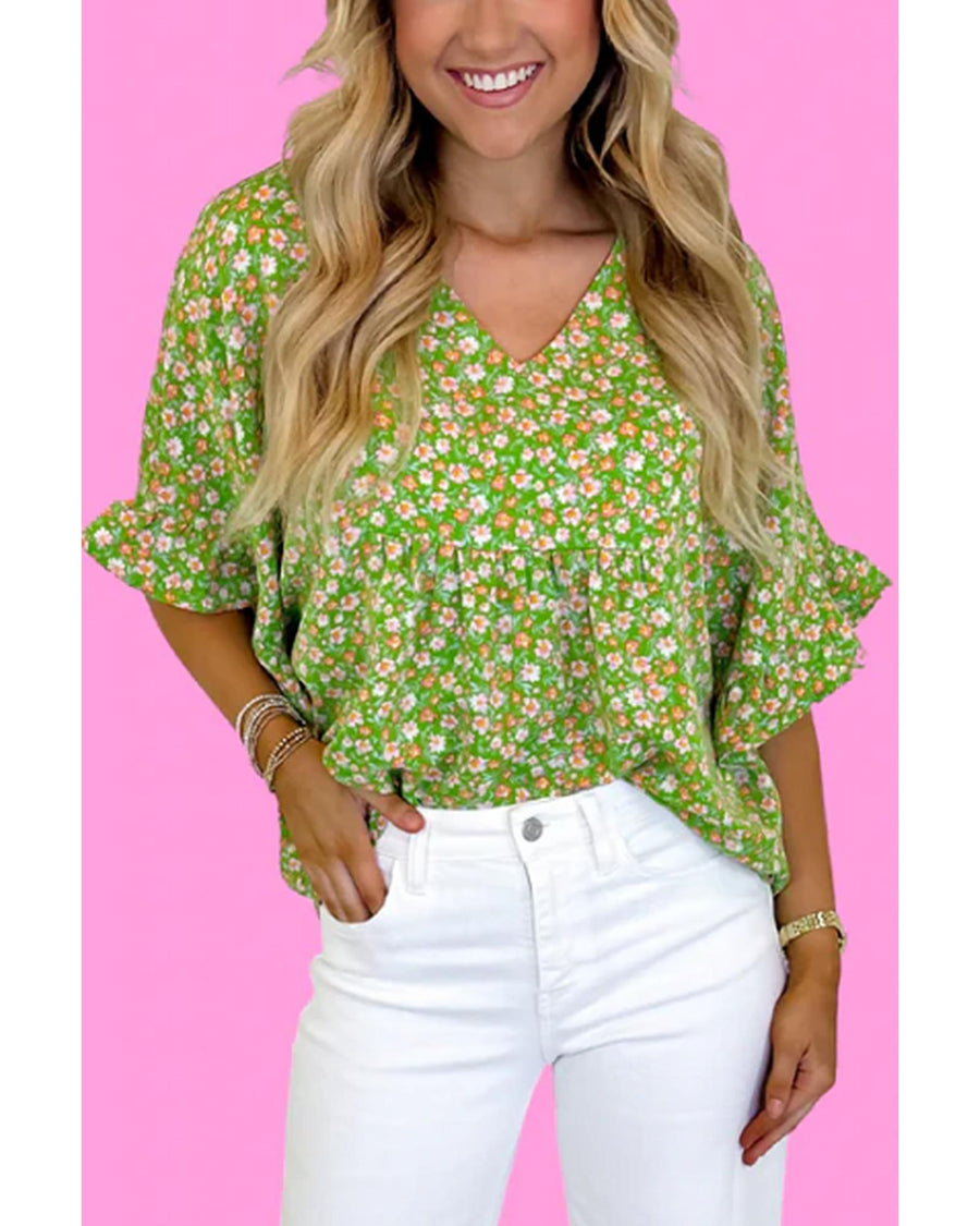 Green Floral Print Ruffle Sleeve V Neck Blouse Top - L