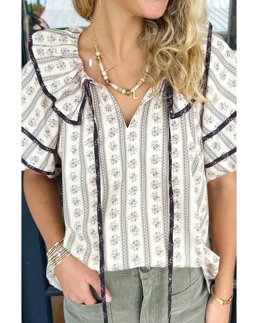 White Floral Ruffled Collar Short Puff Sleeve Printed Blouse - S