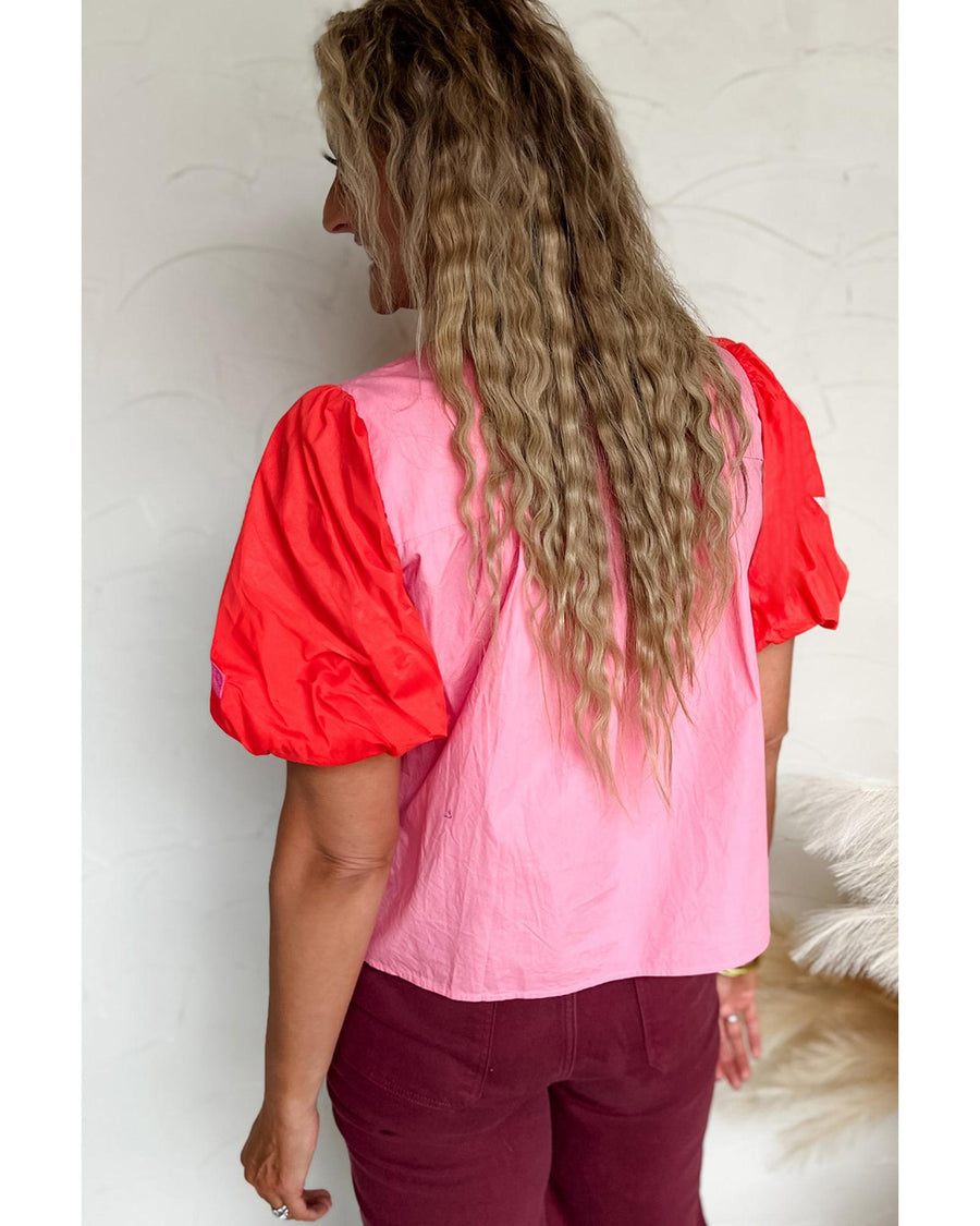 Pink Floral Embroidered Notch V Neck Puff Sleeve Babydoll Blouse - M