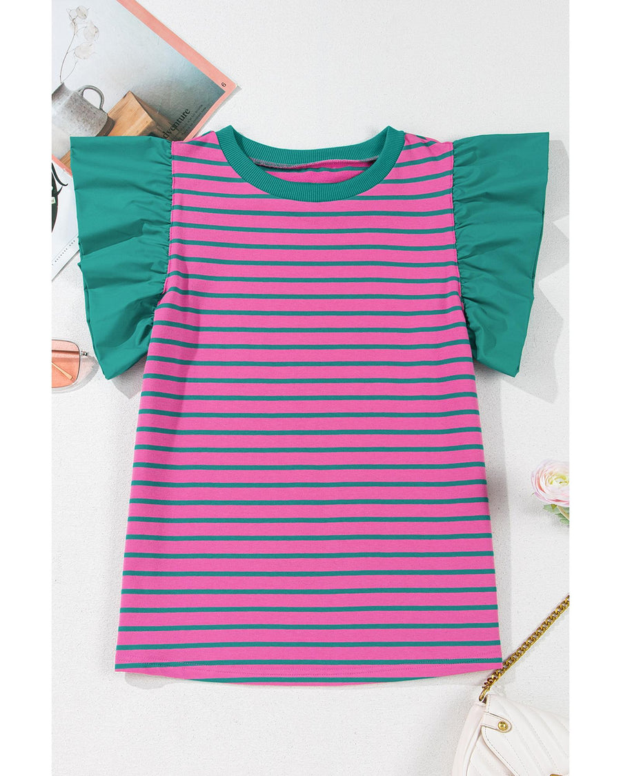 Pink Stripe Colorblock Ruffled Sleeve Crew Neck Blouse - XL