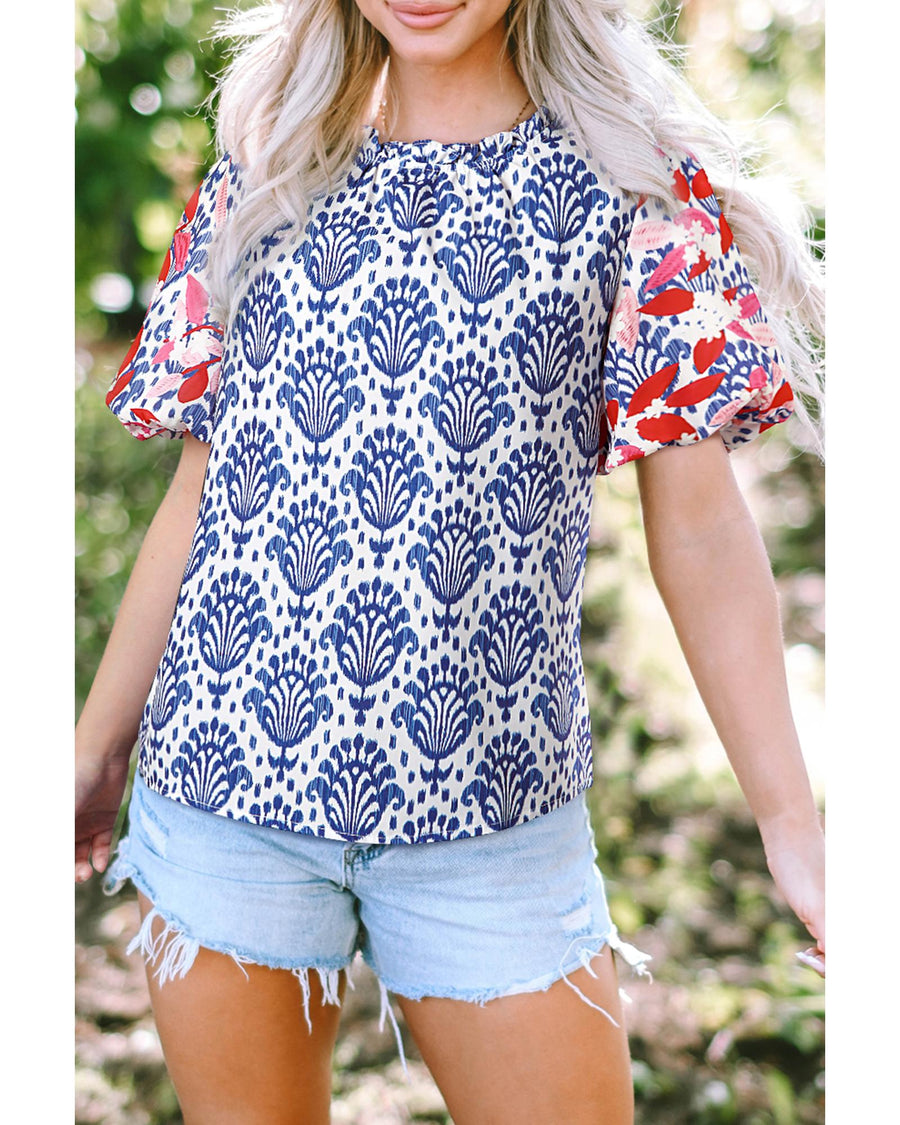 Blue Western Fashion Print Floral Puff Sleeve Frilled Neck Blouse - L