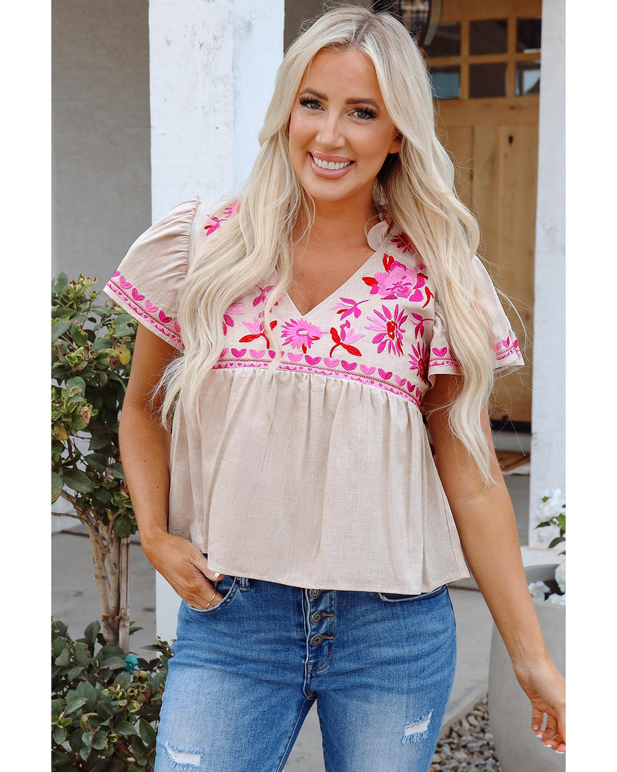 Beige Floral Embroidered Short Sleeve Notched V Neck Blouse - S