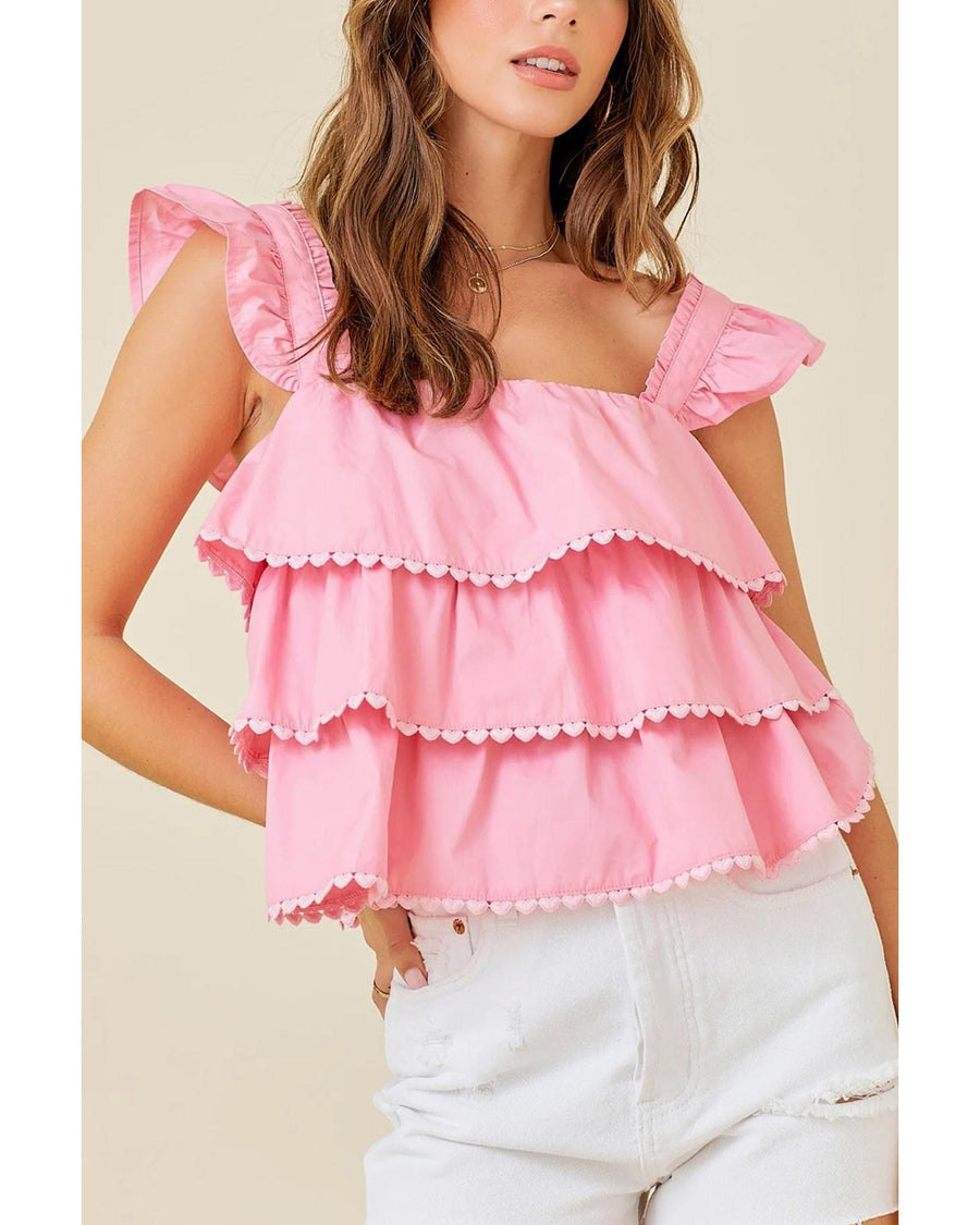 Pink Tiered Heart Trim Square Neck Flutter Top - M