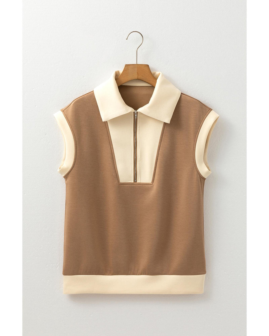 Simply Taupe Half Zipper Collared Colorblock Short Sleeve Top - L