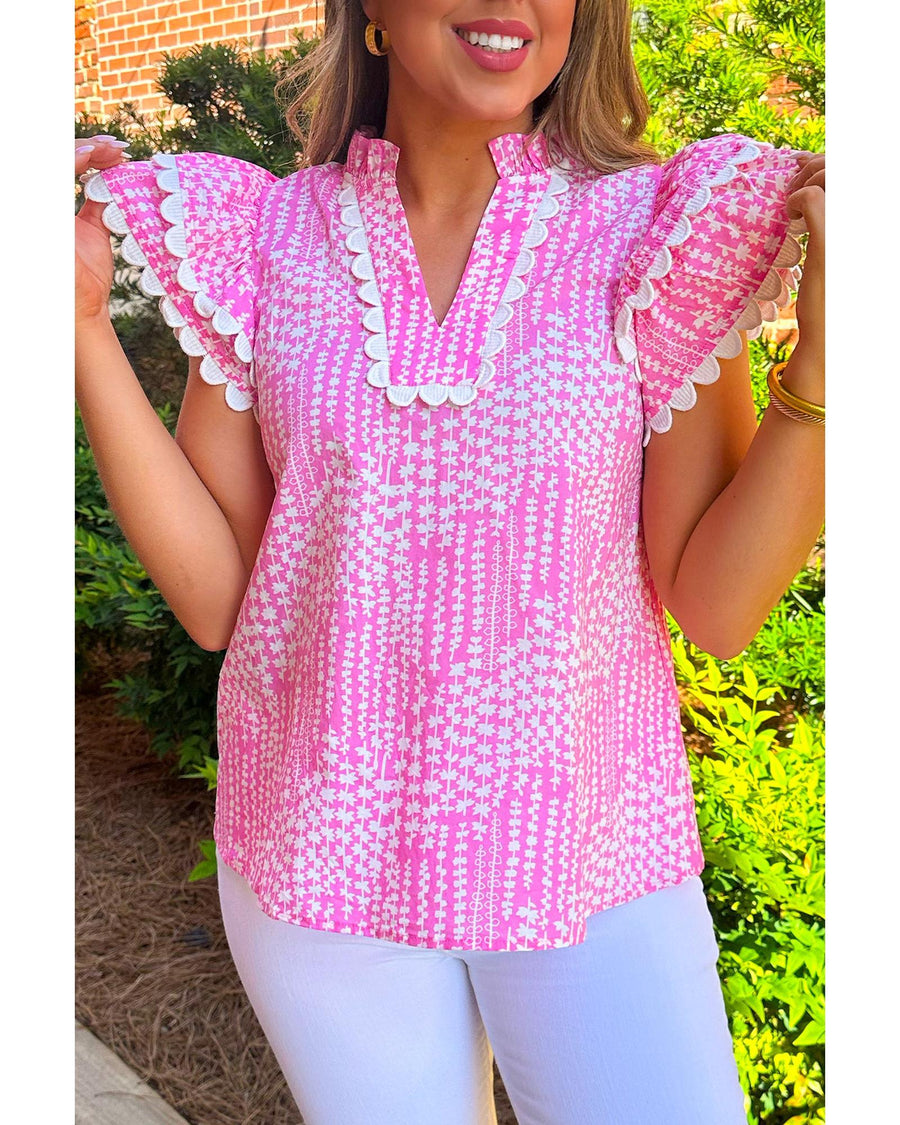 Pink Abstract Print Ric Rac Trim Flutter Sleeve Notch V Neck Blouse - S