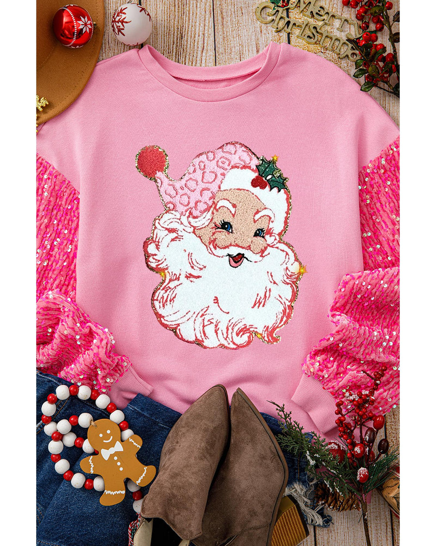 Pink Shiny Father Christmas Graphic Sequin Long Sleeve Top - S