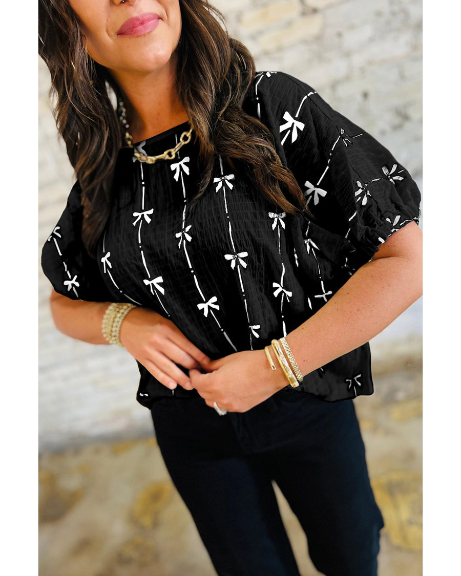 Black Bow Print Puff Short Sleeve Top - XL
