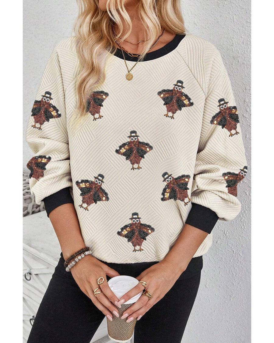 Jet Stream Textured Colorblock Edge Sequin Turkey Graphic Long Sleeve Top - XL