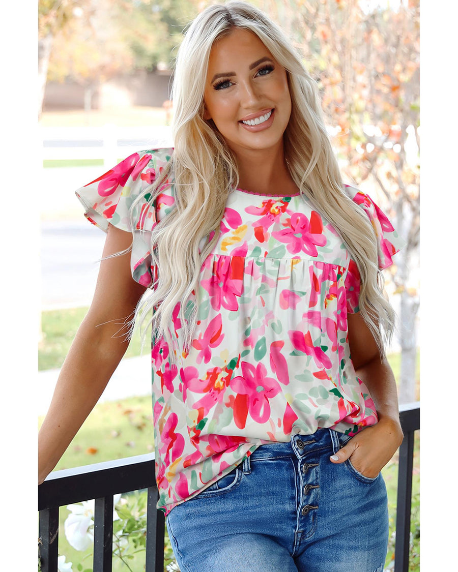 Rose Floral Print Flutter Sleeve Round Neck Casual Blouse - S
