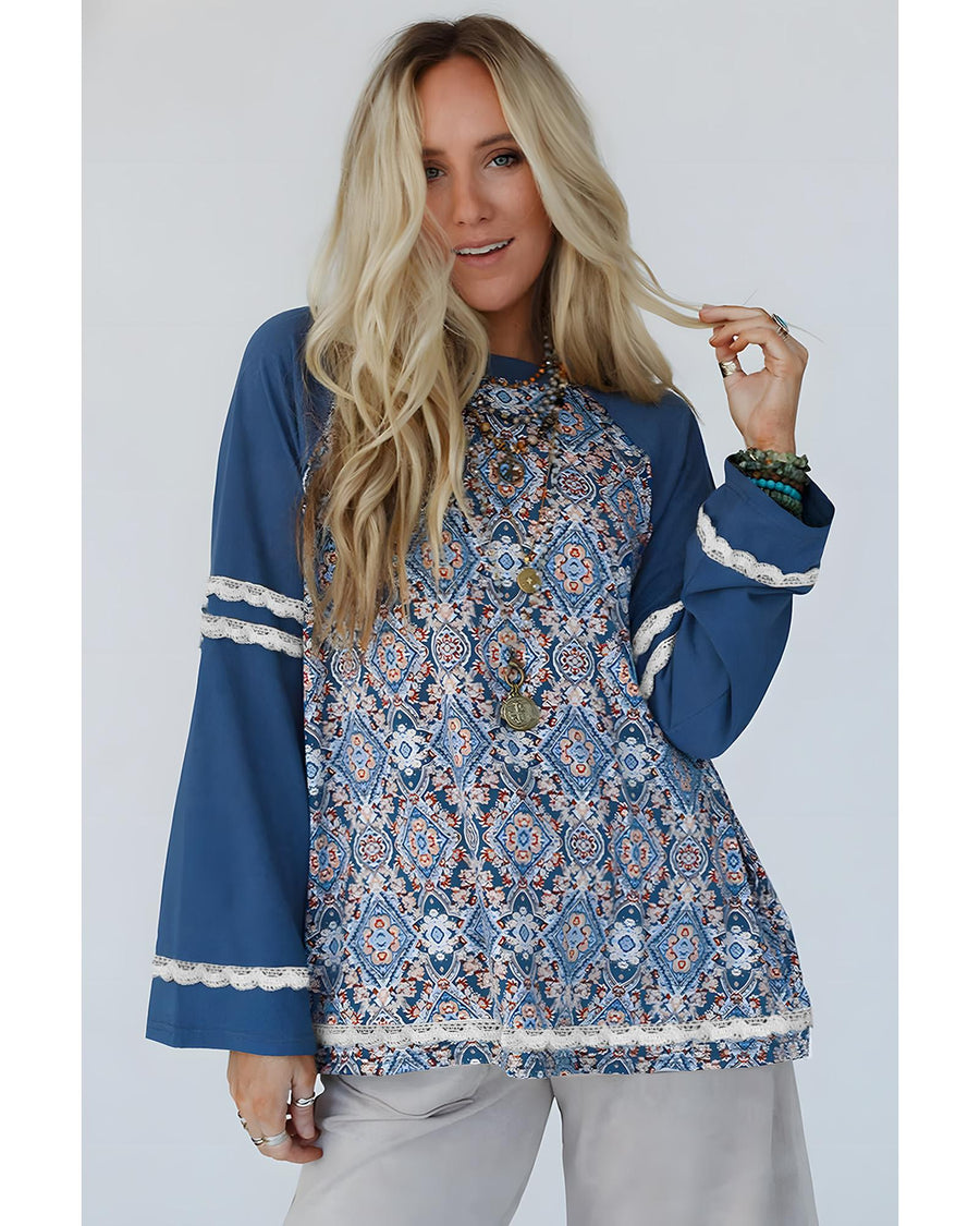 Blue Geometric Printed Lace Patchwork Ric Rac Raglan Long Sleeve Top - M