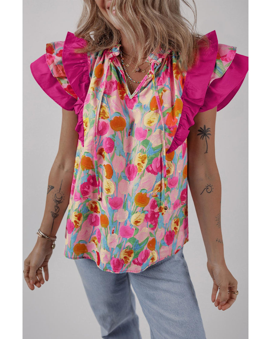 Pink Floral Layered Ruffle Flutter Sleeve Tie V Neck Blouse - M