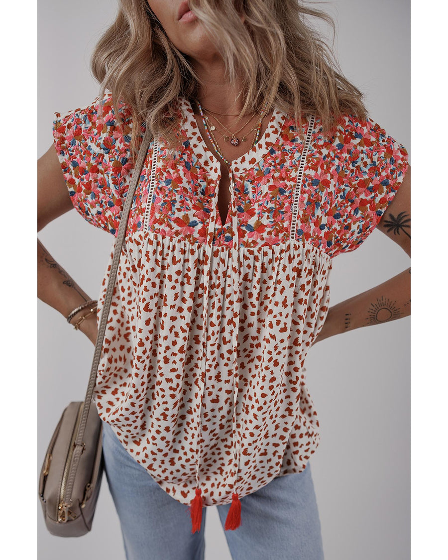 Red Printed Embroidery Detail Tie Split Neck Blouse - L