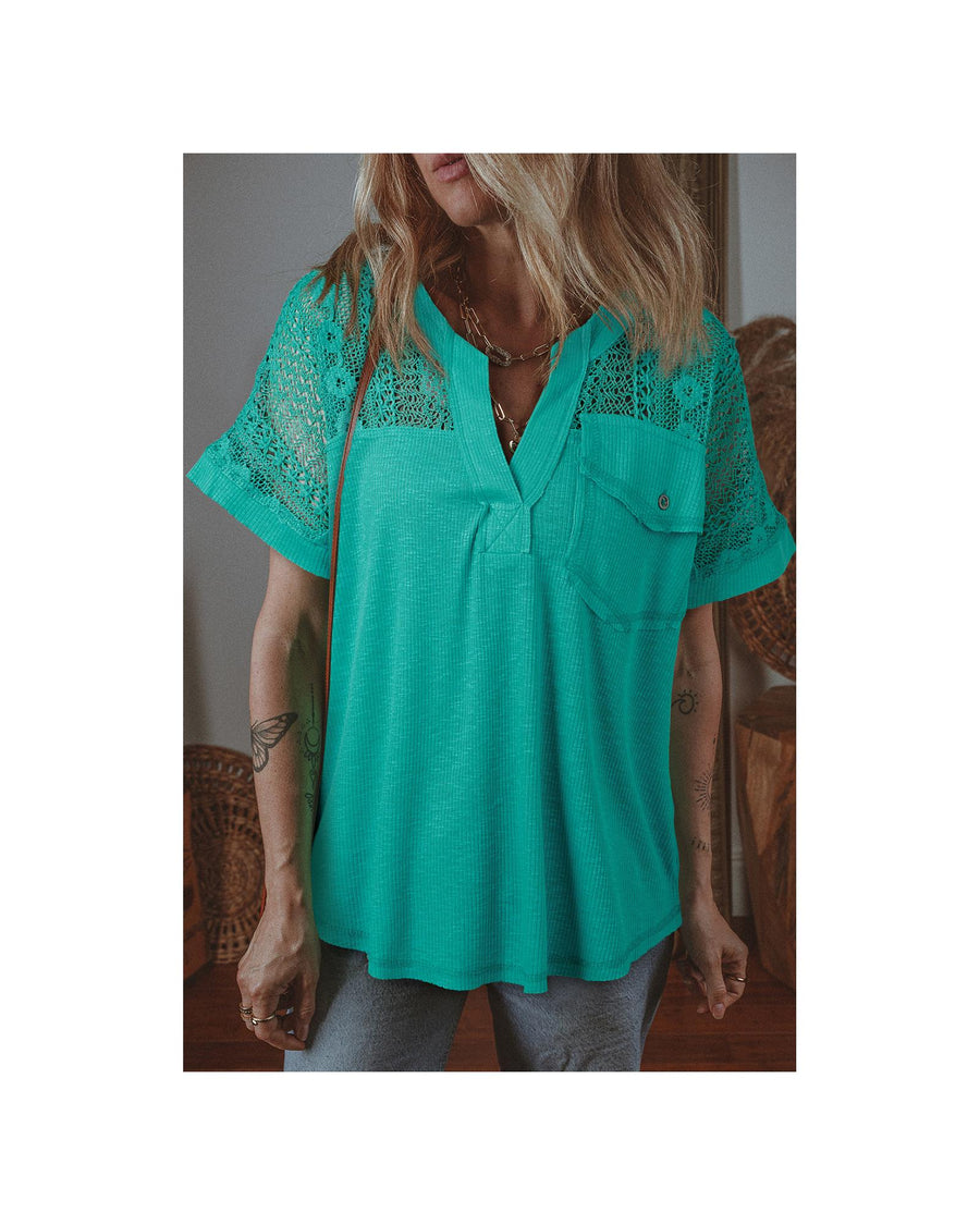 Sea Green Lace Patchwork Split Neck Textured Short Sleeve Blouse - M