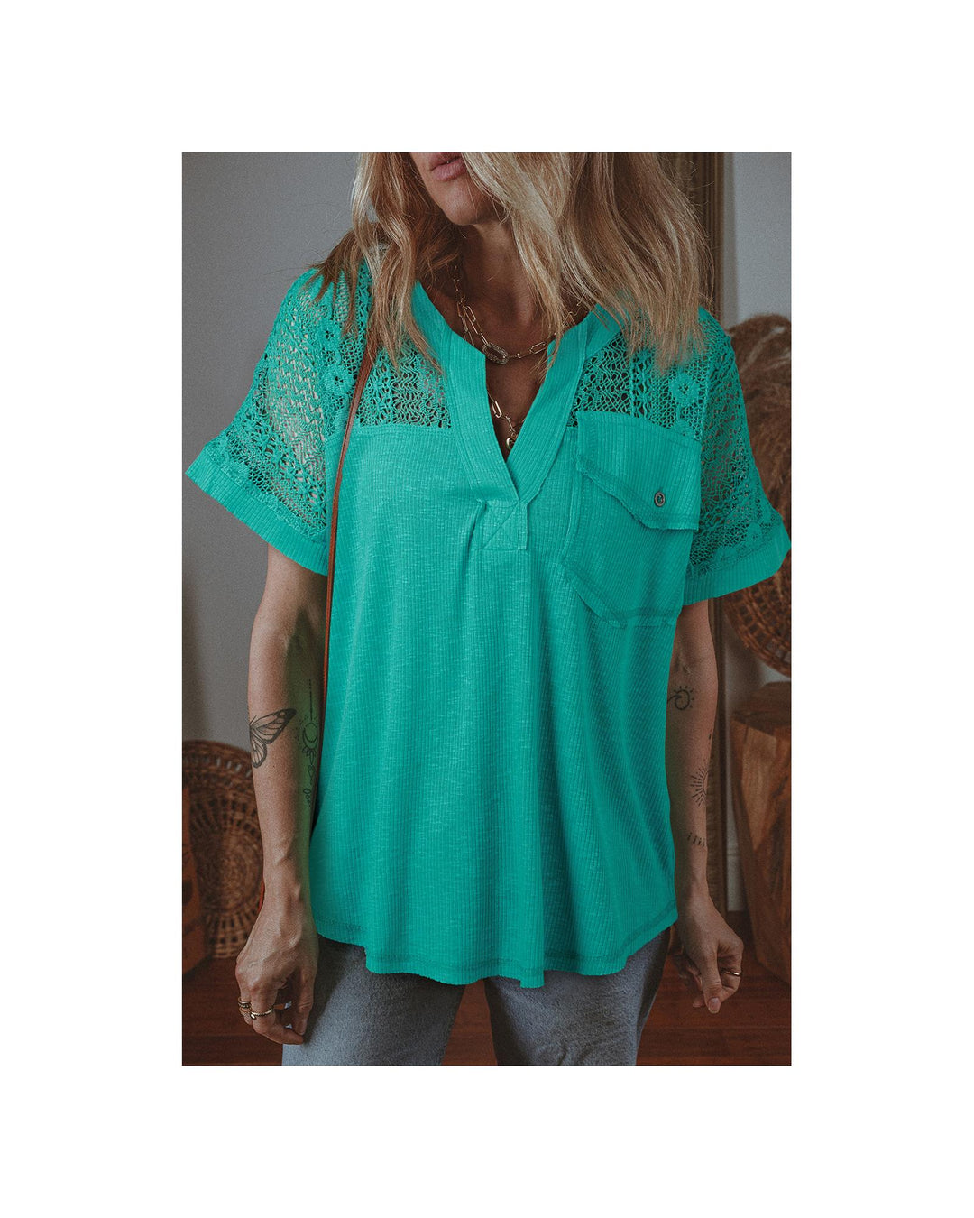 Sea Green Lace Patchwork Split Neck Textured Short Sleeve Blouse - XL