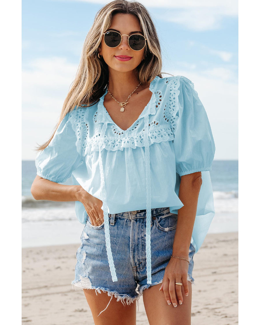 Mist Blue Embroidered Lace Patchwork Tie Neck Puff Short Sleeve Blouse - M