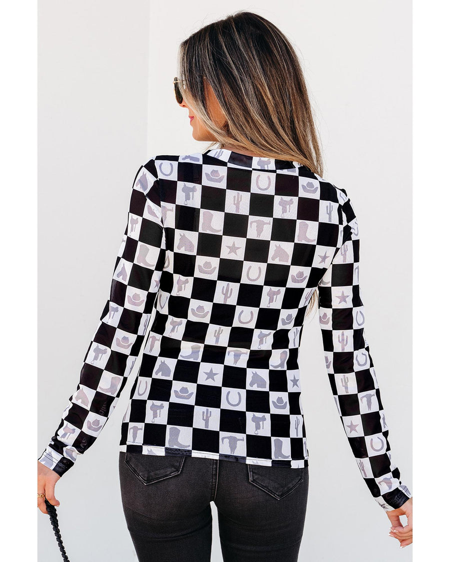 Black Checkerboard Western Elements Printed Mesh Long Sleeve Top - M