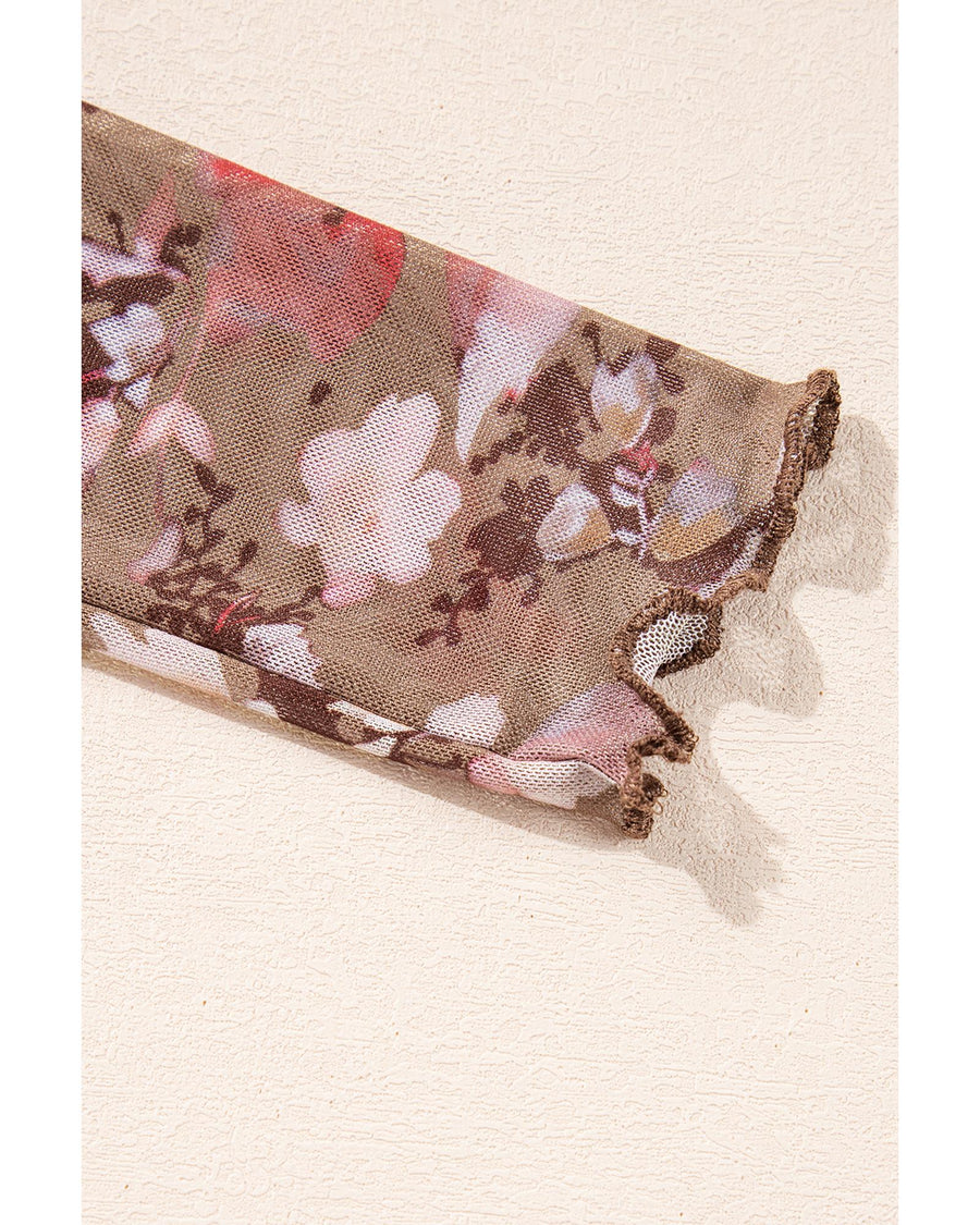 Red Floral Print Sheer Mesh Long Sleeve Top - XL