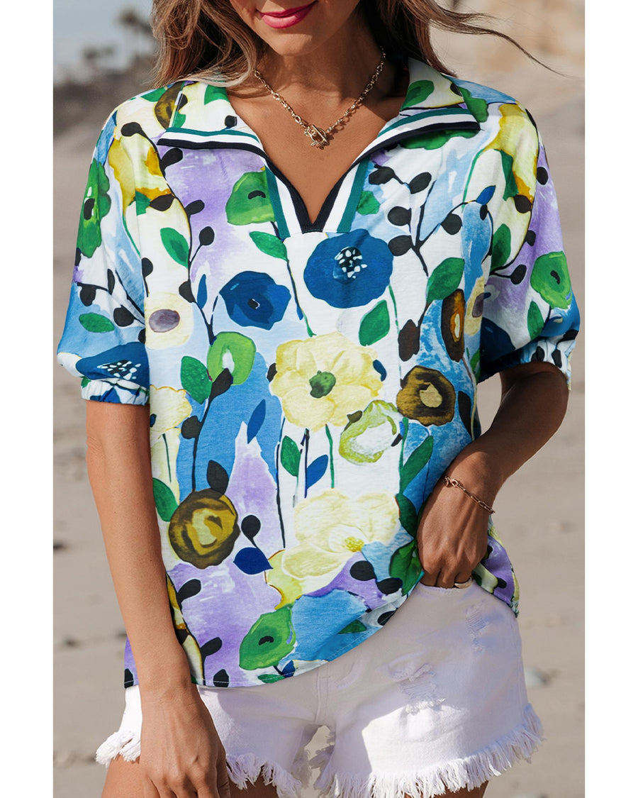 Light Blue Floral Print Slit V Neck Short Sleeve Blouse - M