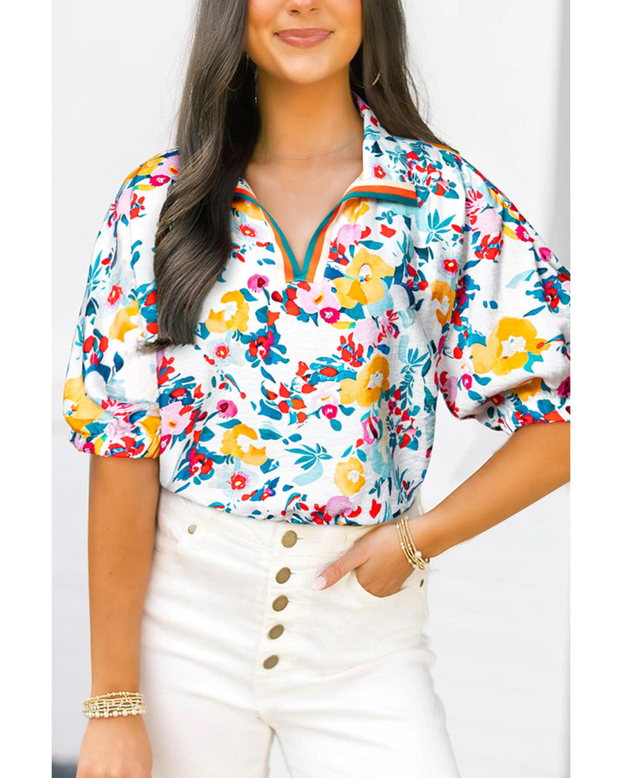 Peacock Blue Floral Print Slit V Neck Short Sleeve Blouse - L