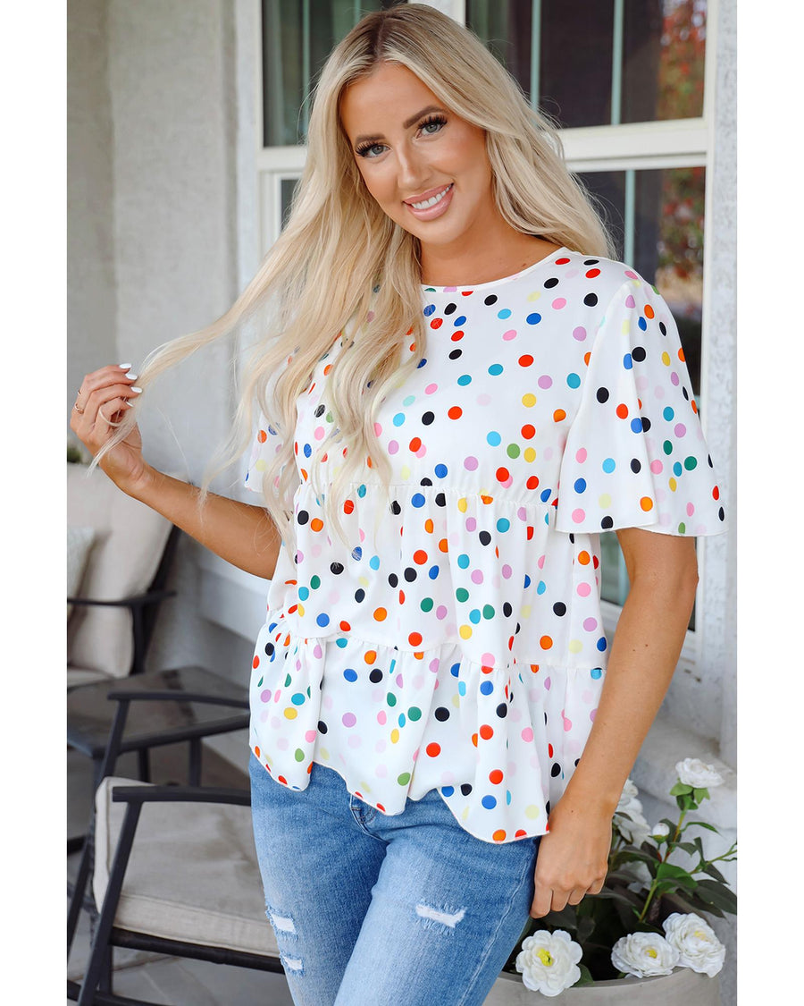 White Colorful Polka Dot Short Sleeve Tiered Ruffled Babydoll Blouse - S