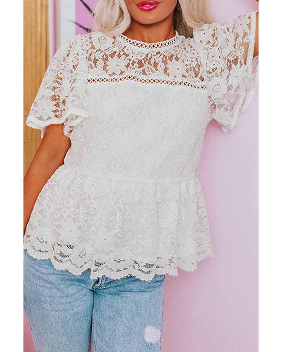 White Short Sleeve Scalloped Floral Lace Peplum Blouse - S