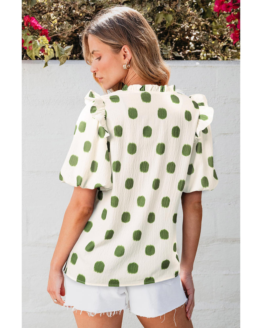 Apricot Polka Dot Print Shirred Yoke Notched Neck Balloon Sleeve Blouse - L