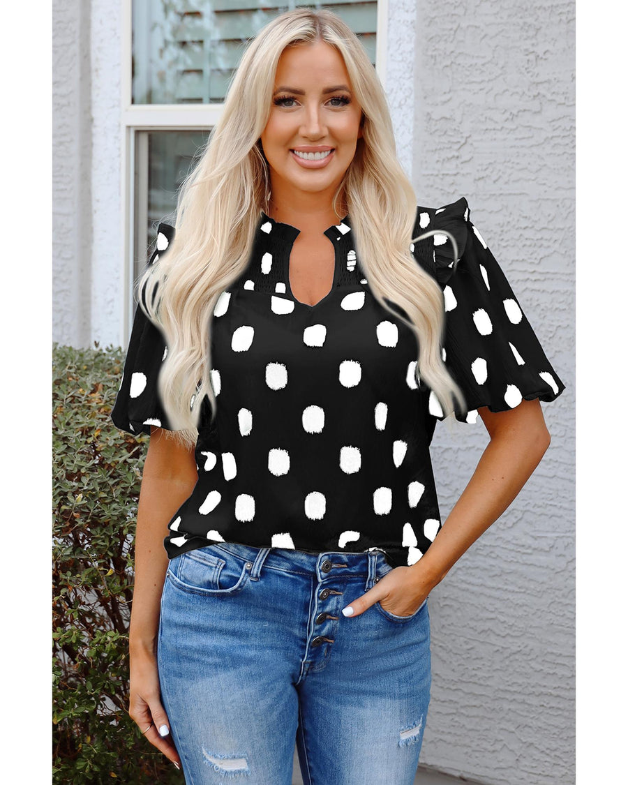 Black Polka Dot Print Shirred Yoke Notched Neck Balloon Sleeve Blouse - M