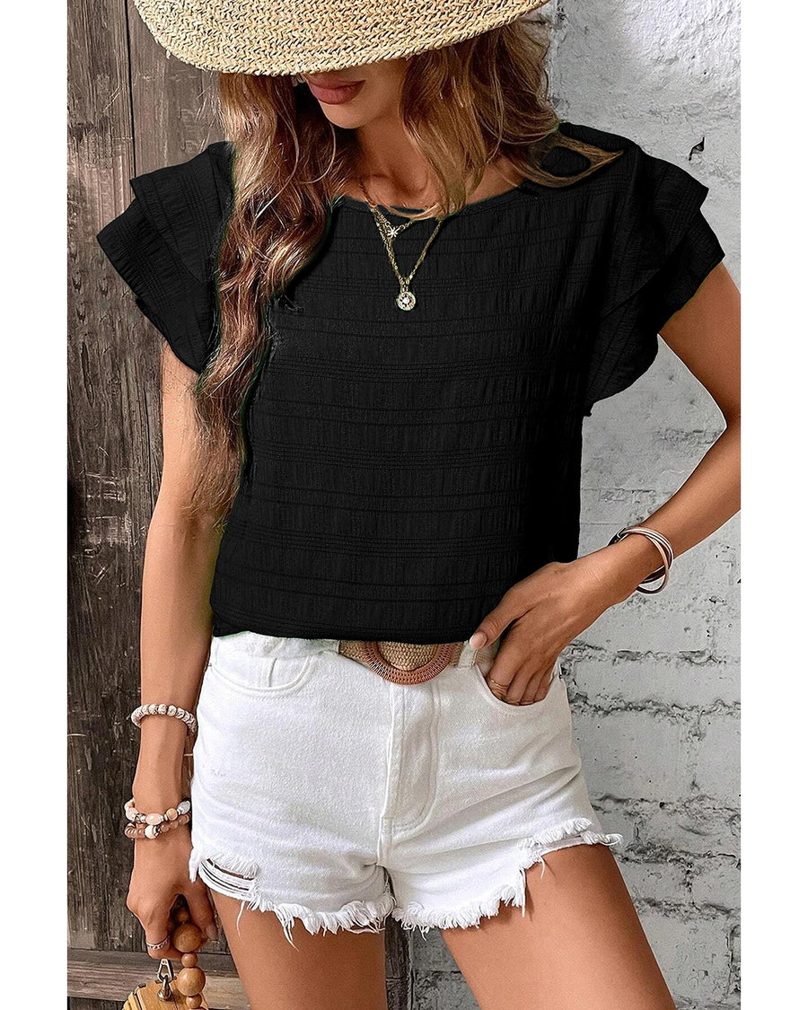 Black Textured Ruffled Sleeve Round Neck Top - L