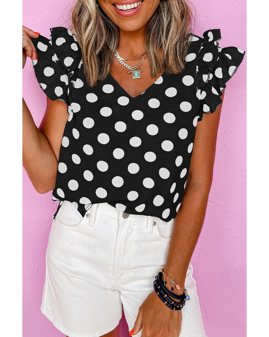 Black Polka Dot Print Ruffled Sleeve V Neck Blouse - S
