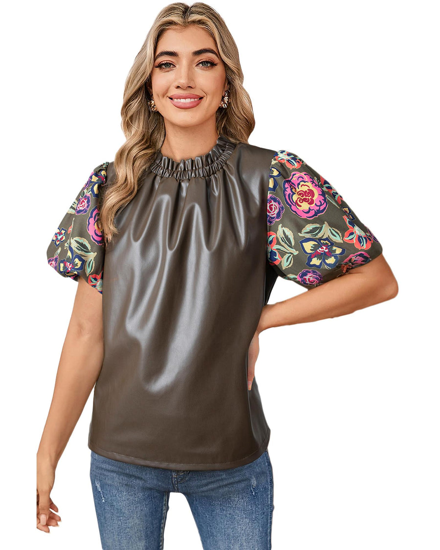 Four Leaf Clover Floral Bubble Sleeve Patchwork Leatherette Frilled Round Neck Blouse - L