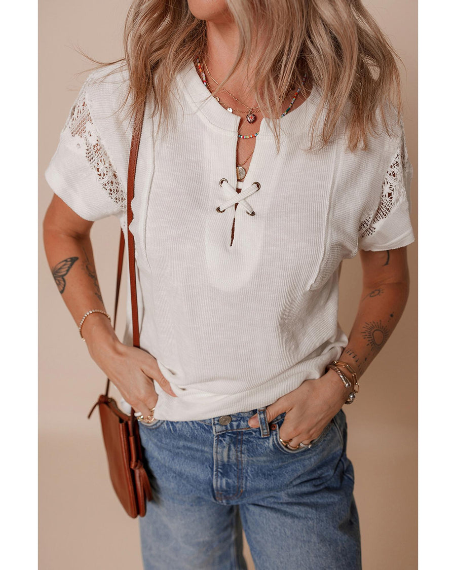 White Ribbed Texture Lace Patchwork Short Sleeve Top - XL