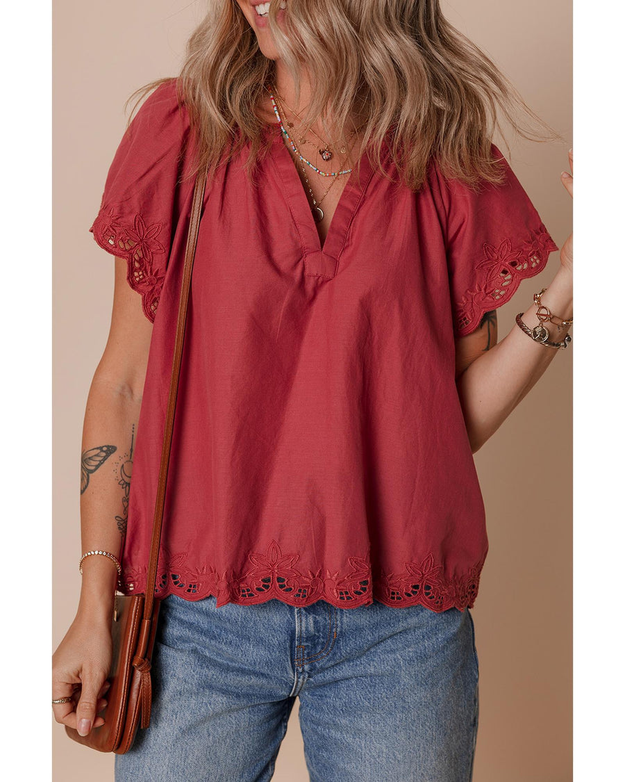 Red Dahlia Floral Embroidered Scallop Trim Short Sleeve V Neck Blouse - L
