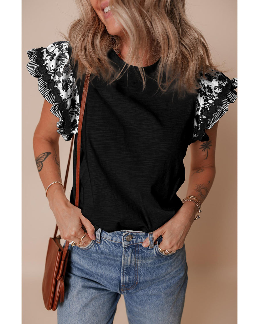 Black Ricrac Trim Printed Flutter Sleeve Contrast Patchwork Blouse - L