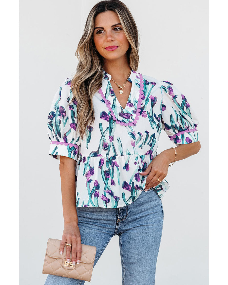 Purple Floral Ricrac Trim Half Sleeve Peplum Top - L