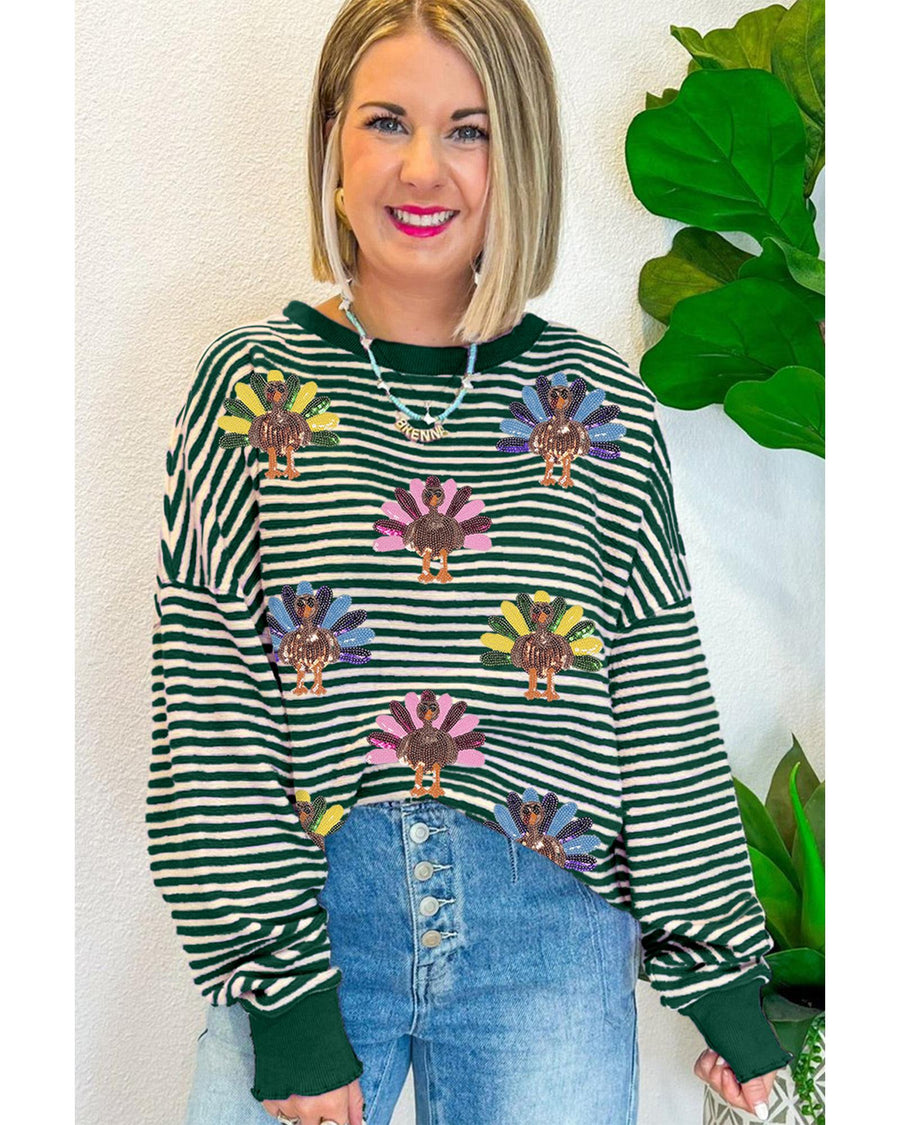 Green Stripe Turkey Pattern Drop Shoulder Pullover Top - S