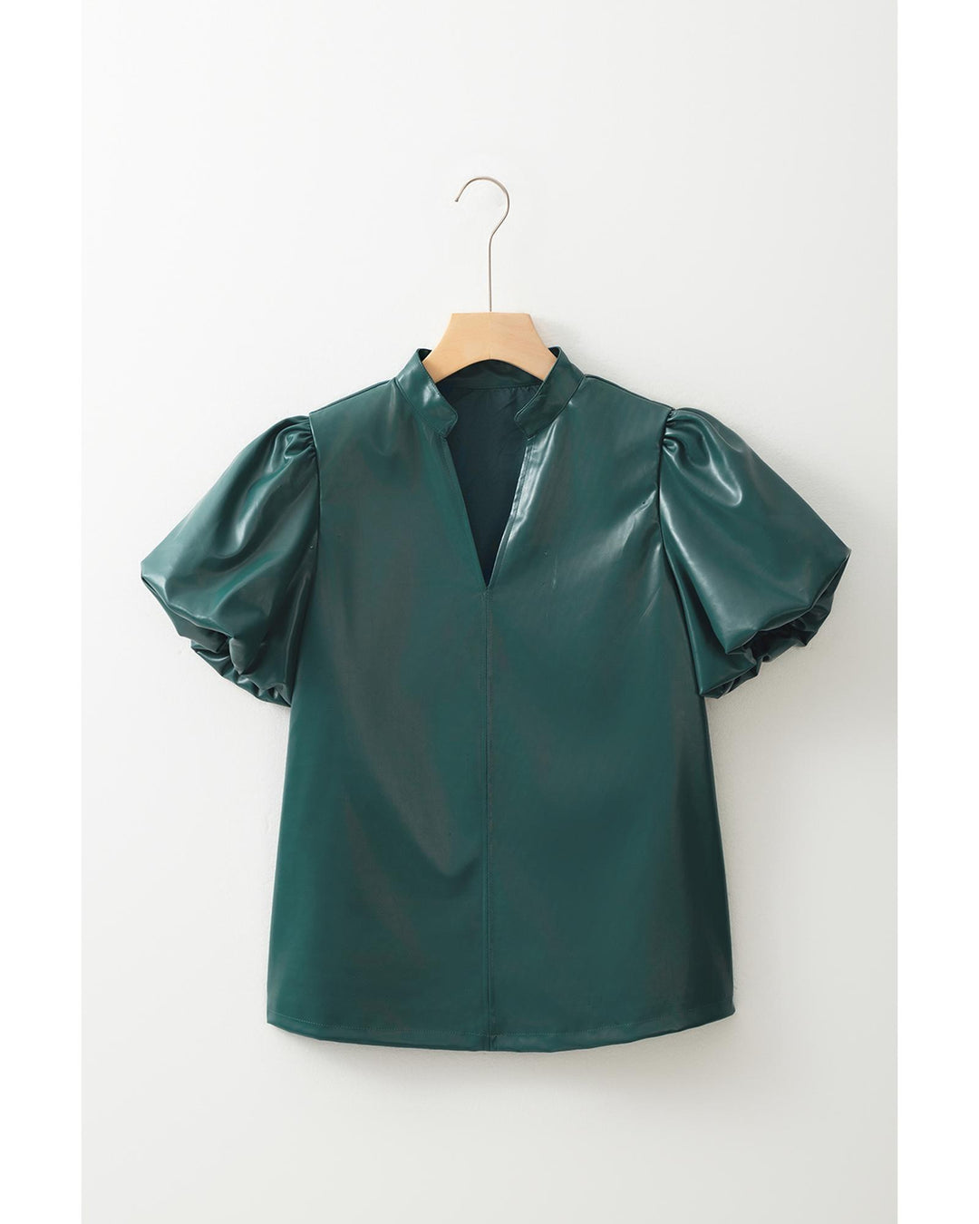 Sea Green Notched V Neck Short Puff Sleeve PU Leather Blouse - XL
