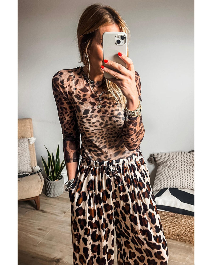 Brown Leopard Round Neck Long Sleeve Slim Top - M
