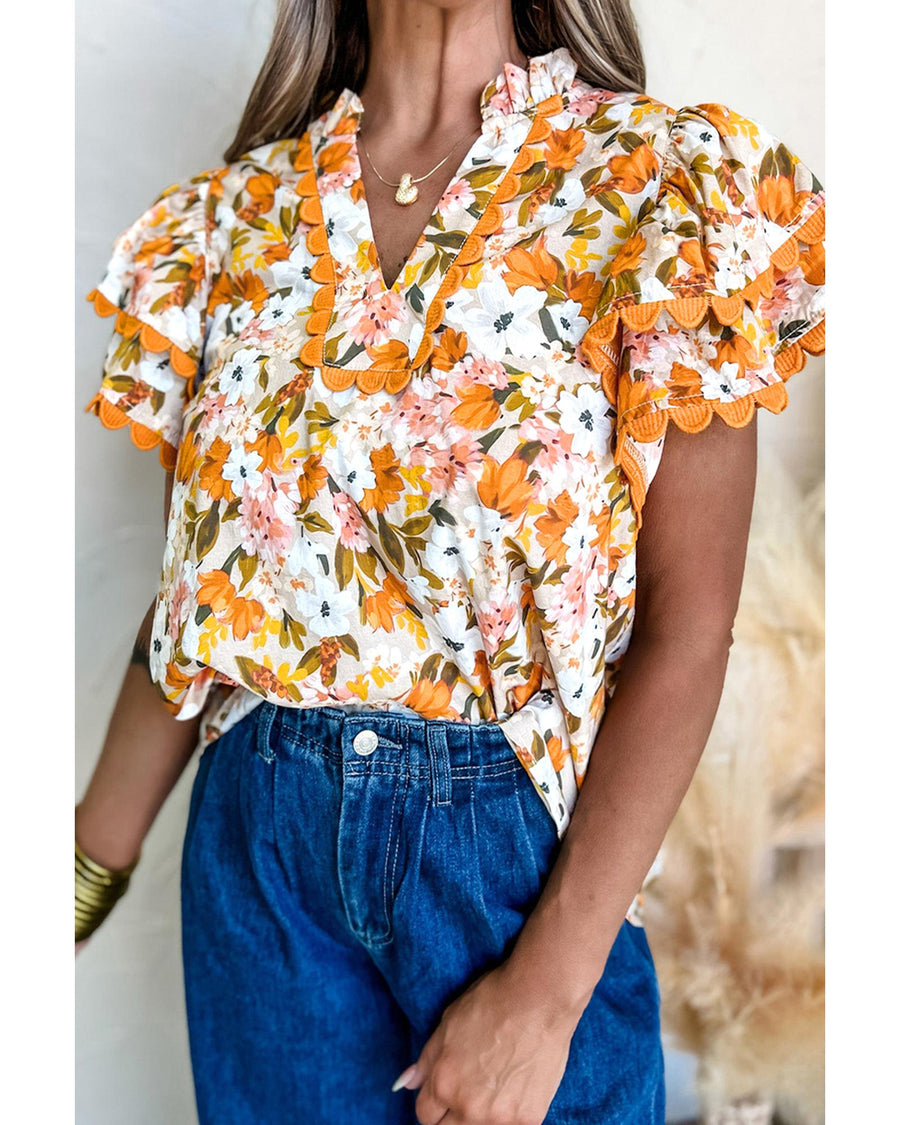 Russet Orange Ruffled V Neck Scalloped Short Sleeve Floral Blouse - L